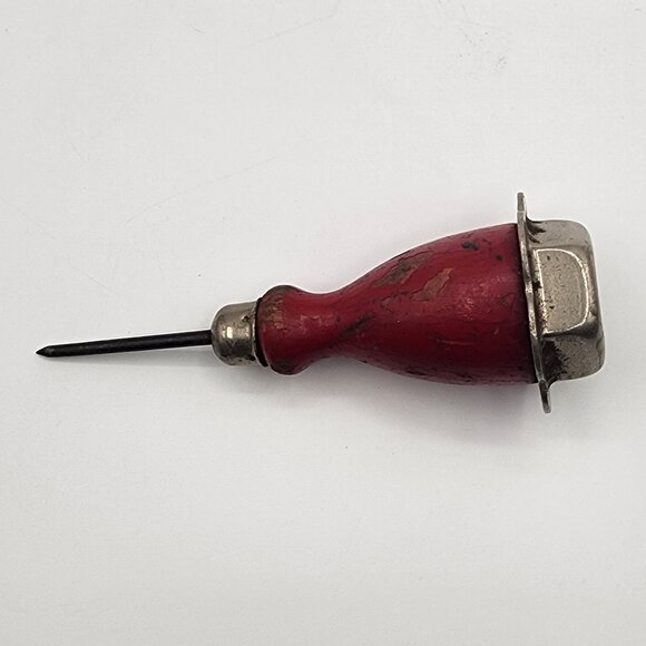 Vintage Red Wood Handle Awl Ice Pick Metal Ice-Cracker Metal Cap Top 5.25" short - Picture 2 of 5